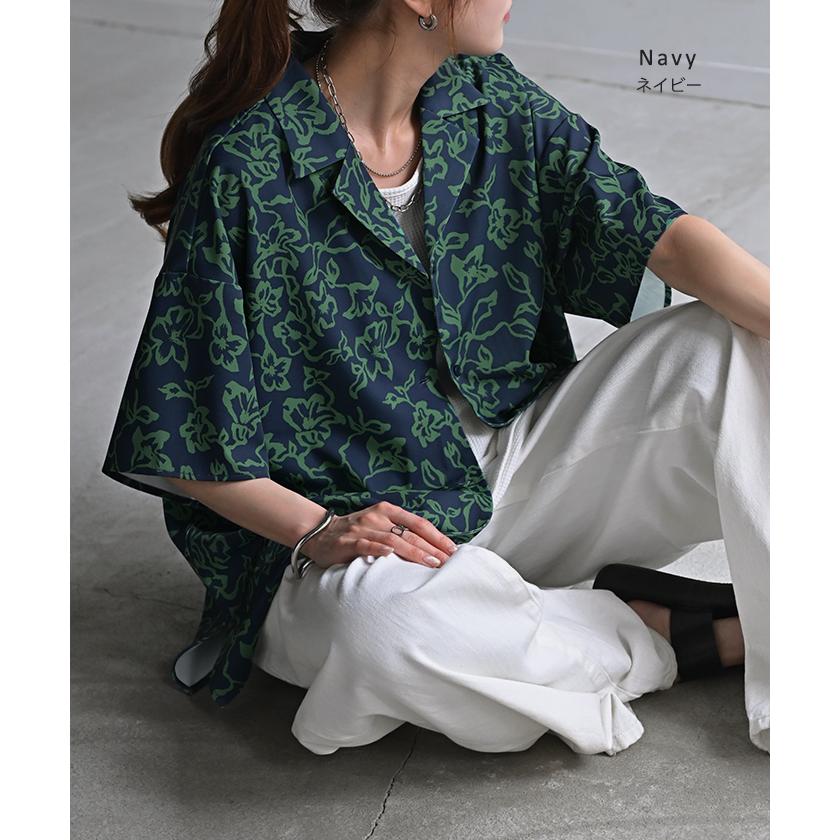シャツ 柄 レディース ブラウス トップス ロング ロングシャツ 総柄 アート チュニック 半袖 無地 羽織 柄シャツ シワになりにくい ライトアウター | HUG.U | 21