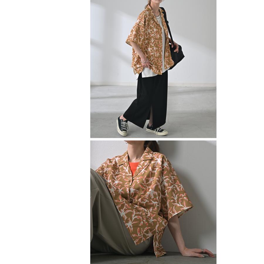 シャツ 柄 レディース ブラウス トップス ロング ロングシャツ 総柄 アート チュニック 半袖 無地 羽織 柄シャツ シワになりにくい ライトアウター | HUG.U | 12