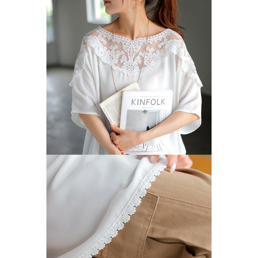 Tシャツ レディース レース トップス シャツ ブラウス 半袖 花柄 カットソー ロング ティーシャツ チュニック クルーネック 長い ドルマン シワになりにくい | HUG.U | 17