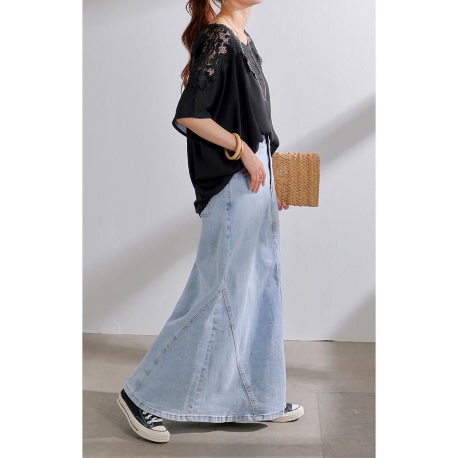 Tシャツ レディース レース トップス シャツ ブラウス 半袖 花柄 カットソー ロング ティーシャツ チュニック クルーネック 長い ドルマン シワになりにくい | HUG.U | 20