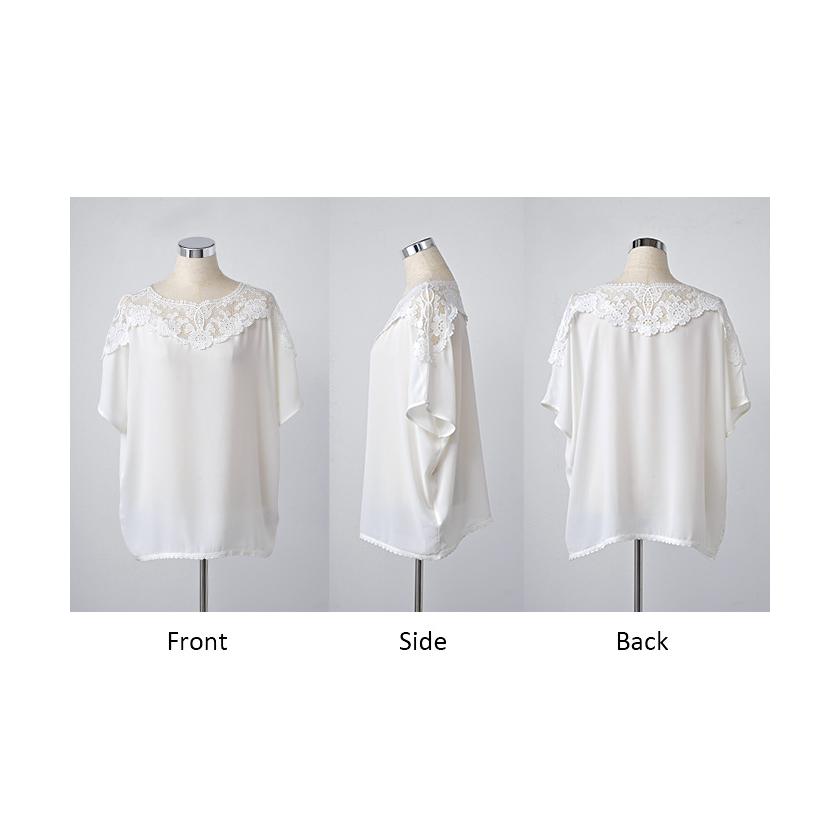 Tシャツ レディース レース トップス シャツ ブラウス 半袖 花柄 カットソー ロング ティーシャツ チュニック クルーネック 長い ドルマン シワになりにくい | HUG.U | 21