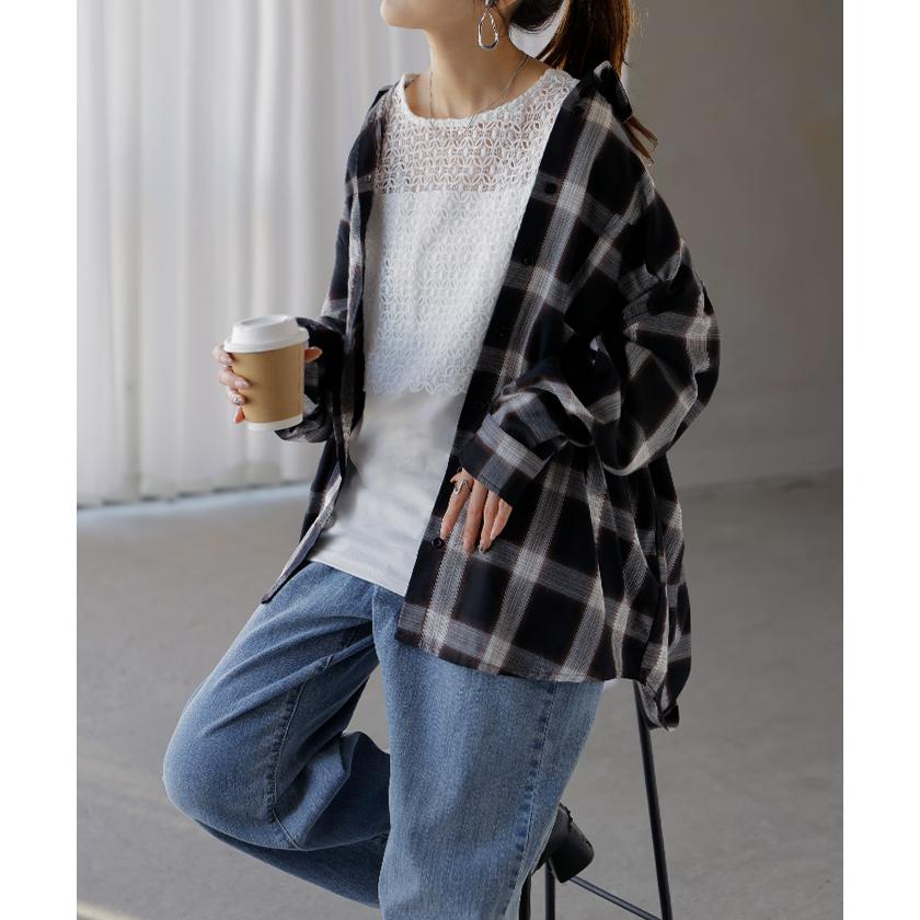 タンクトップ 2way レース レイヤード インナー トップス タンク レディース 無地 異素材 カットソー キャミソール 刺繍 ロング Vネック Uネック 長い 重ね | HUG.U | 19