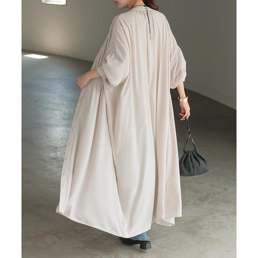 ワンピース シャツ シャツワンピース ノーカラー シャツワンピ レディース シワになりにくい ロング ロングワンピース | HUG.U | 12