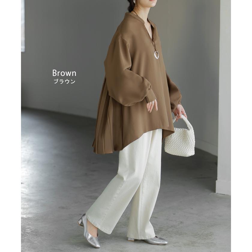 シャツ バックプリーツ ブラウス レディース トップス ロング ロングシャツ プルオーバー スキッパー プリーツ ボリュームスリーブ チュニック | HUG.U | 15