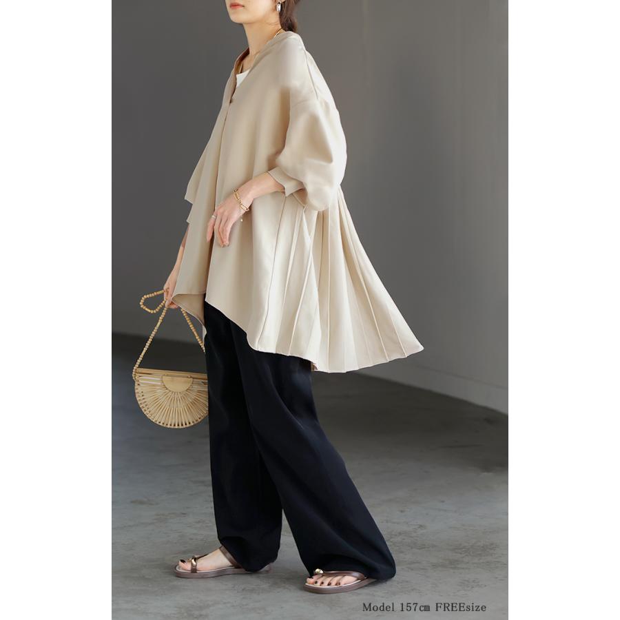 シャツ バックプリーツ ブラウス レディース トップス ロング ロングシャツ プルオーバー スキッパー プリーツ ボリュームスリーブ チュニック | HUG.U | 18