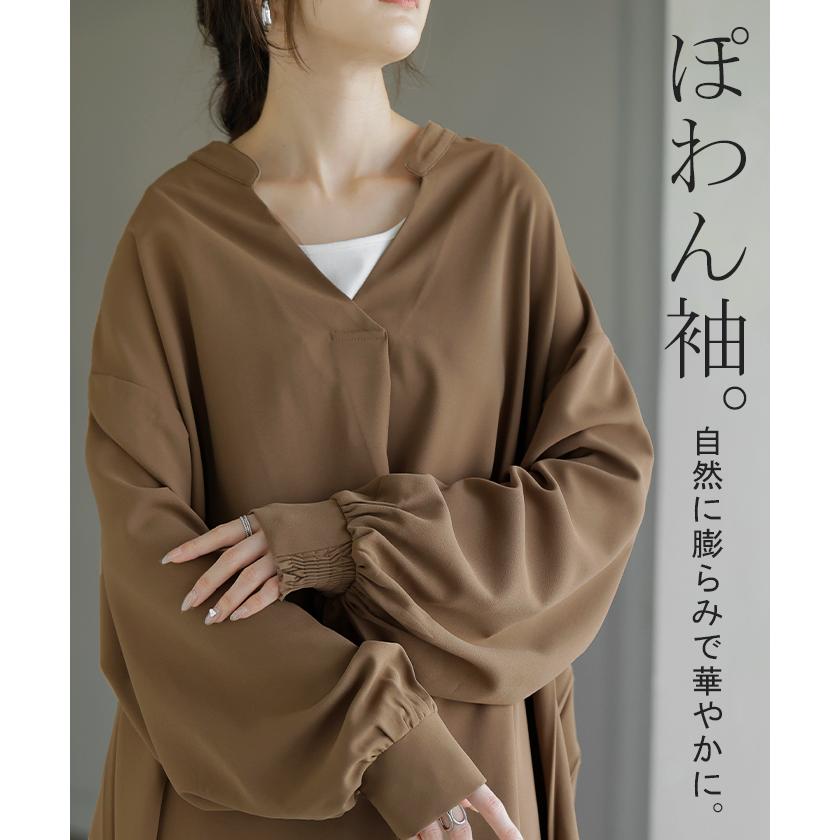 シャツ バックプリーツ ブラウス レディース トップス ロング ロングシャツ プルオーバー スキッパー プリーツ ボリュームスリーブ チュニック | HUG.U | 20