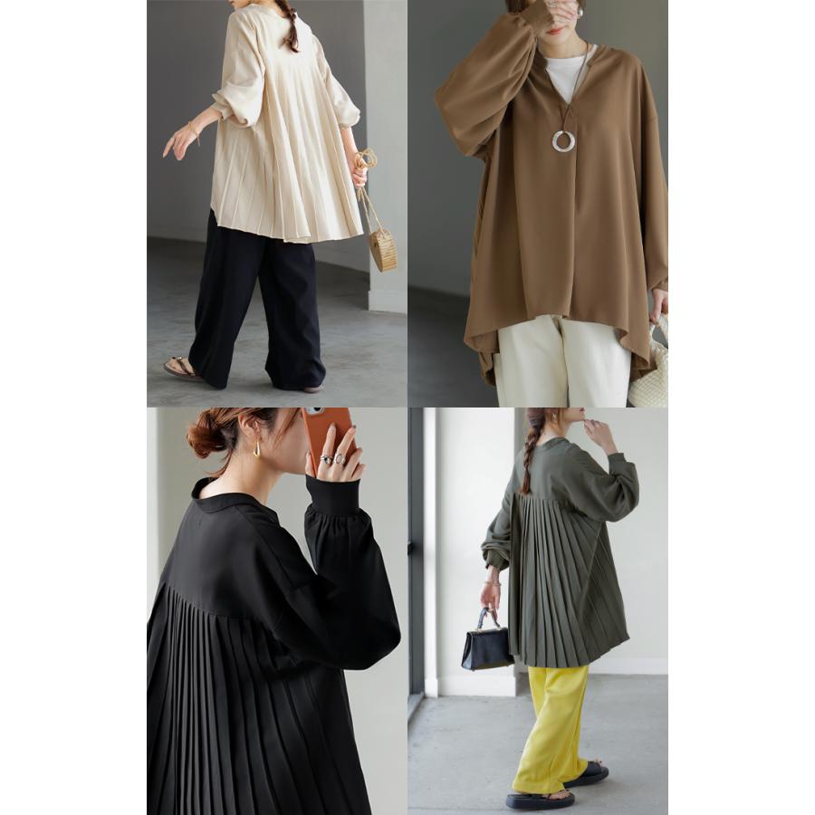 シャツ バックプリーツ ブラウス レディース トップス ロング ロングシャツ プルオーバー スキッパー プリーツ ボリュームスリーブ チュニック | HUG.U | 21