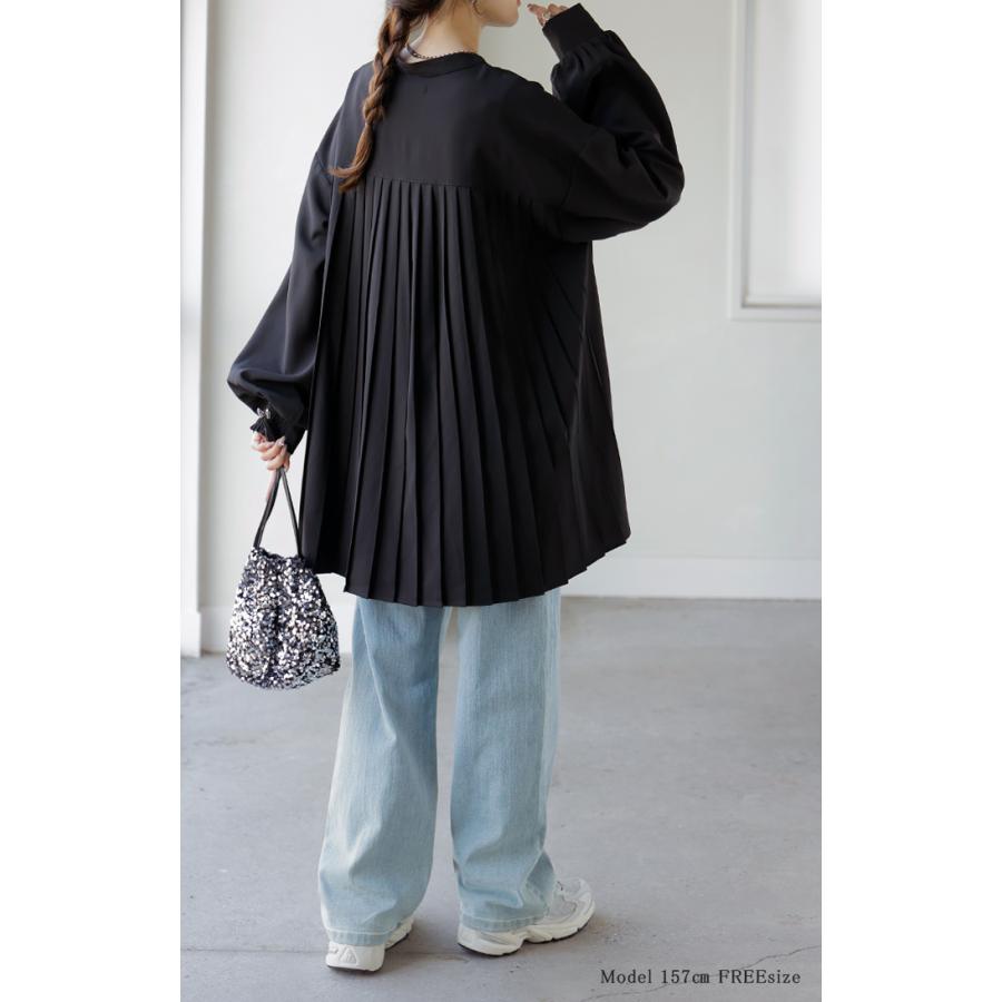 シャツ バックプリーツ ブラウス レディース トップス ロング ロングシャツ プルオーバー スキッパー プリーツ ボリュームスリーブ チュニック | HUG.U | 23