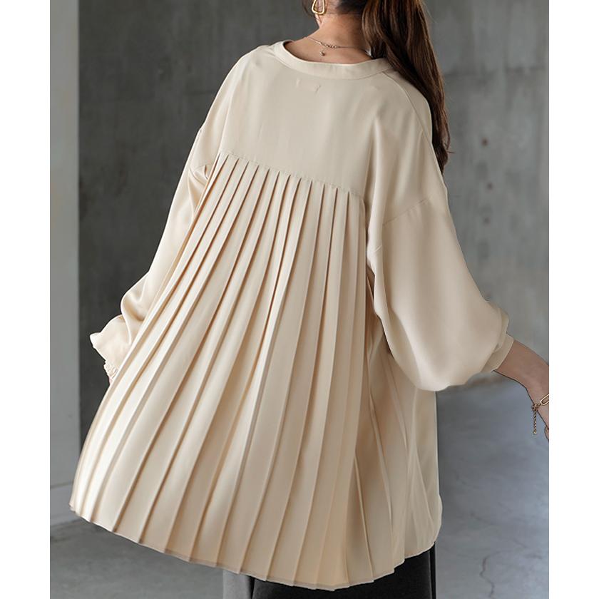 シャツ バックプリーツ ブラウス レディース トップス ロング ロングシャツ プルオーバー スキッパー プリーツ ボリュームスリーブ チュニック | HUG.U | 08