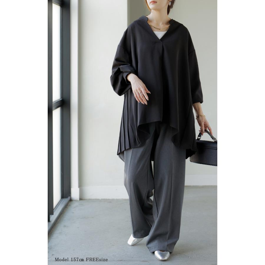 シャツ バックプリーツ ブラウス レディース トップス ロング ロングシャツ プルオーバー スキッパー プリーツ ボリュームスリーブ チュニック | HUG.U | 09