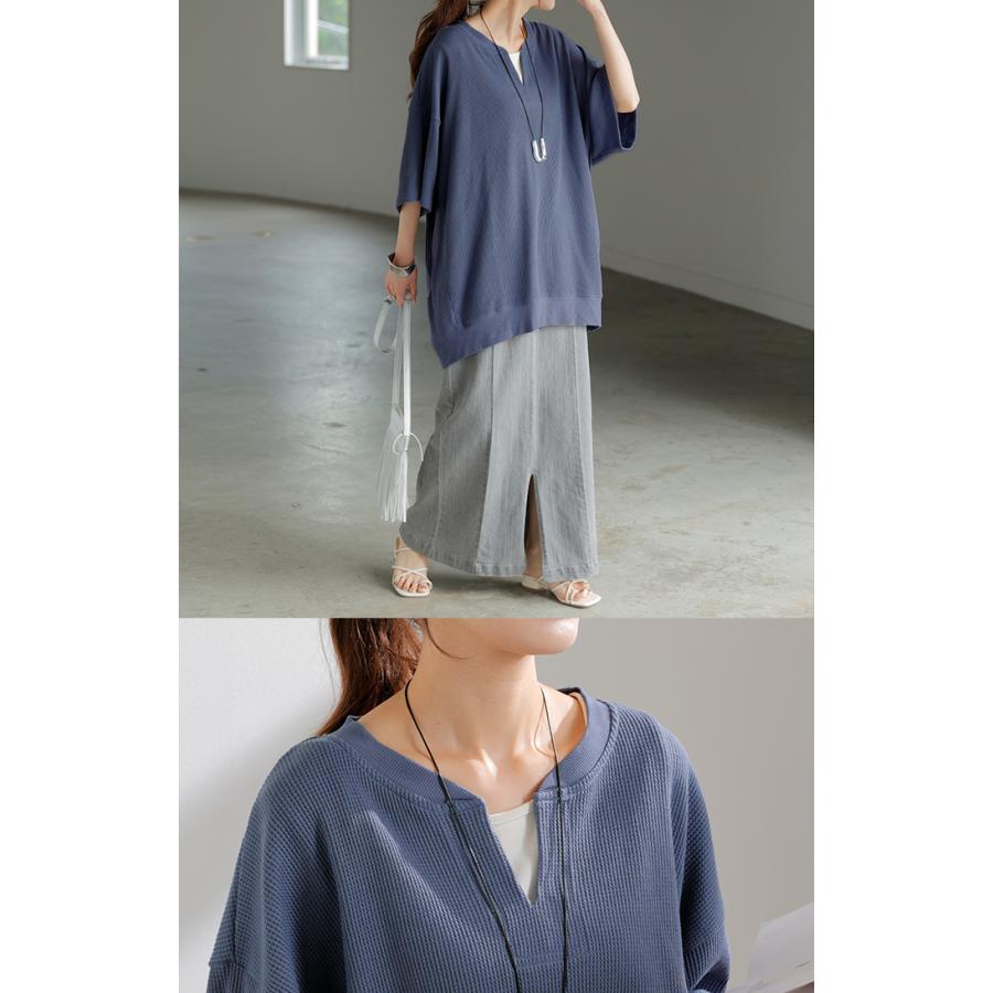 Tシャツ レディース ワッフル トップス 半袖 ロング ティーシャツ チュニック キーネック ビッグ プラスサイズ | HUG.U | 15