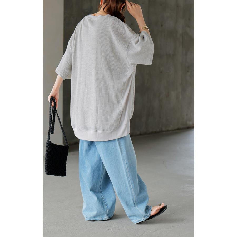 Tシャツ レディース ワッフル トップス 半袖 ロング ティーシャツ チュニック キーネック ビッグ プラスサイズ | HUG.U | 16