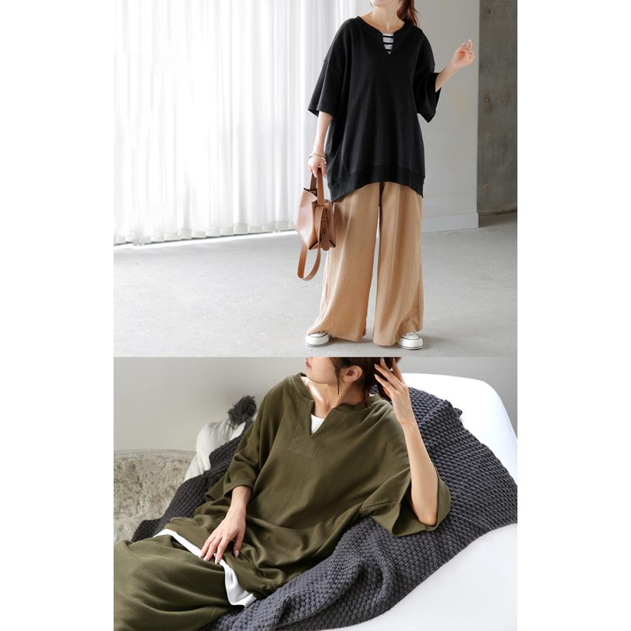 Tシャツ レディース ワッフル トップス 半袖 ロング ティーシャツ チュニック キーネック ビッグ プラスサイズ | HUG.U | 08