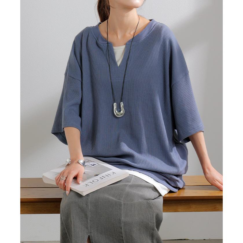 Tシャツ レディース ワッフル トップス 半袖 ロング ティーシャツ チュニック キーネック ビッグ プラスサイズ | HUG.U | 09