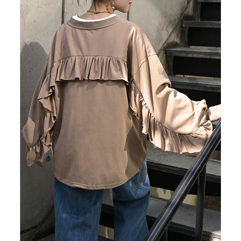 HUG.U（ハグユー） ロンT Vネック フリル トップス レディース 長袖 T