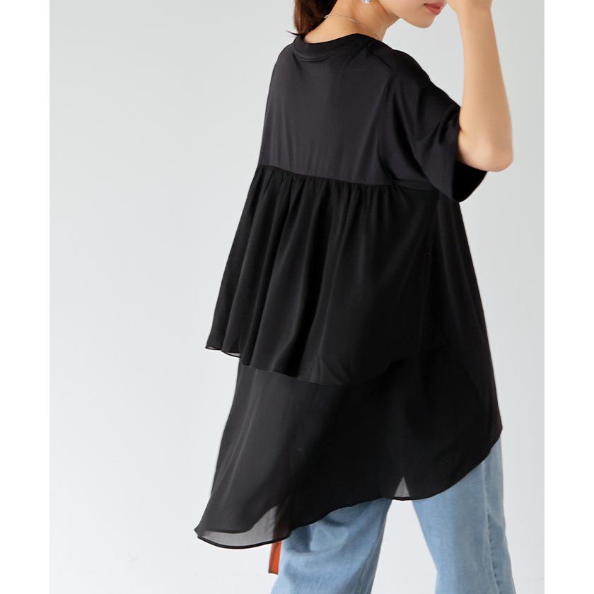 Tシャツ シフォン レディース 綿 混 トップス 半袖 透け シアー カットソー ロング ティーシャツ チュニック Vネック | HUG.U | 13