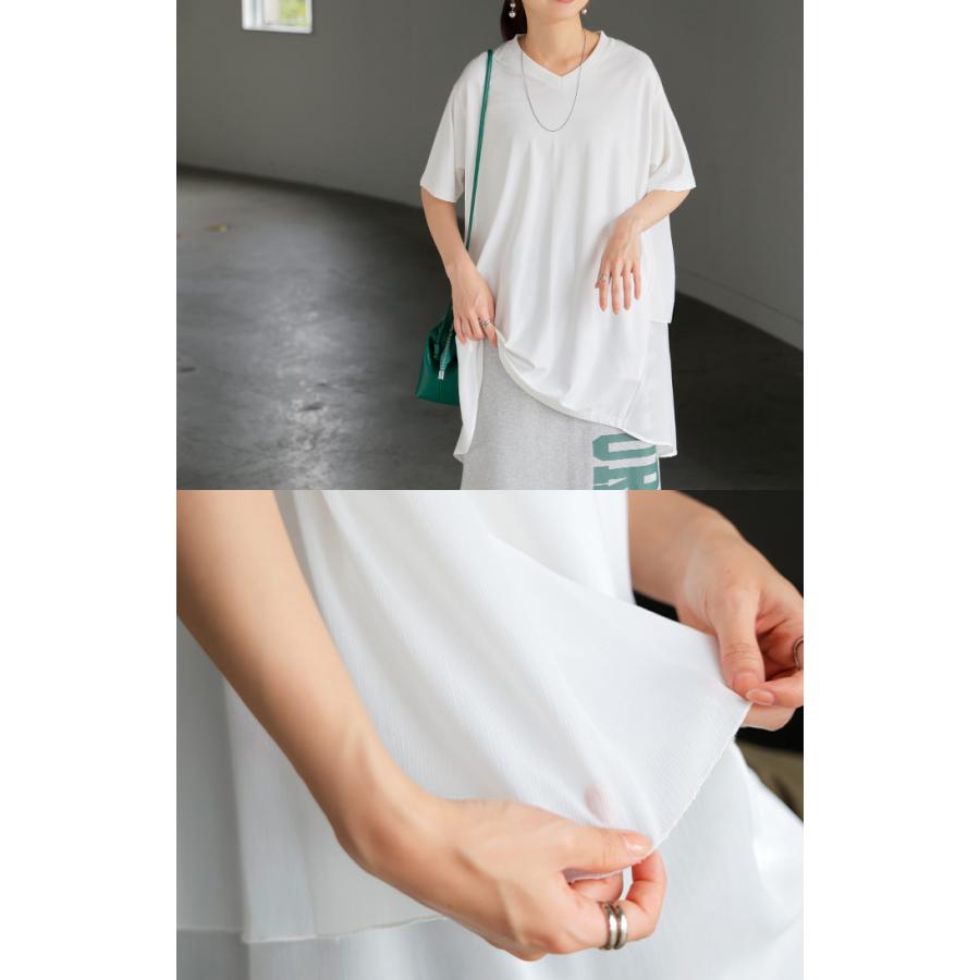 Tシャツ シフォン レディース 綿 混 トップス 半袖 透け シアー カットソー ロング ティーシャツ チュニック Vネック | HUG.U | 04
