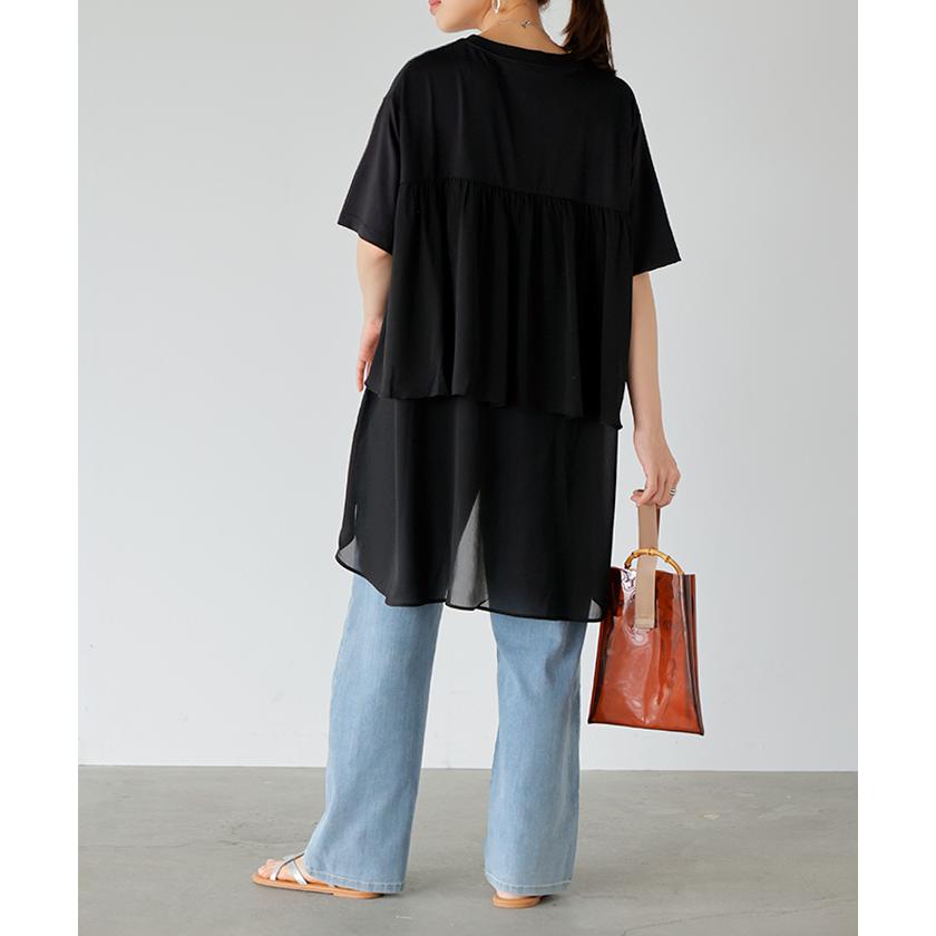 Tシャツ シフォン レディース 綿 混 トップス 半袖 透け シアー カットソー ロング ティーシャツ チュニック Vネック | HUG.U | 09