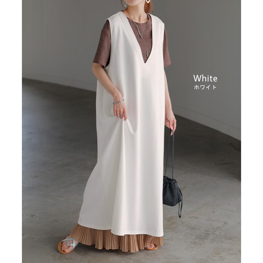 ワンピース 超伸び 深V サロペット ポンチ ワンピ レディース ロング ロングワンピース 半袖 マキシ Vネック ノースリーブ レイヤード ジャンパースカート | HUG.U | 14