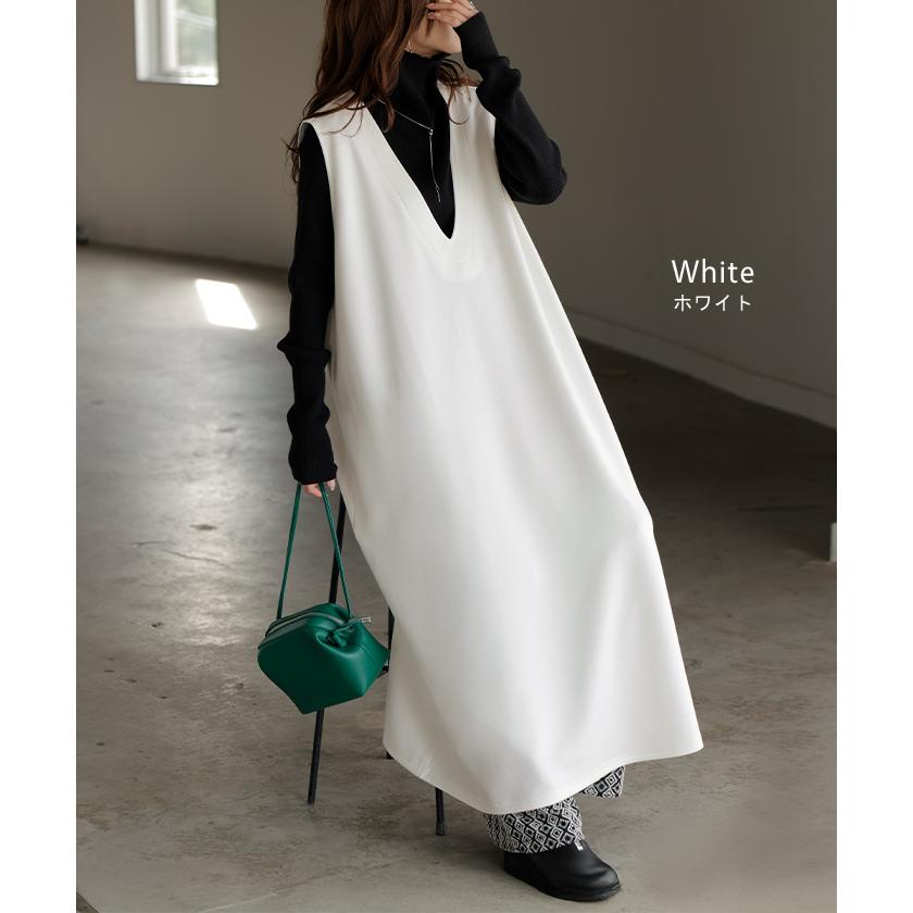ワンピース 超伸び 深V サロペット ポンチ ワンピ レディース ロング ロングワンピース 半袖 マキシ Vネック ノースリーブ レイヤード ジャンパースカート | HUG.U | 14