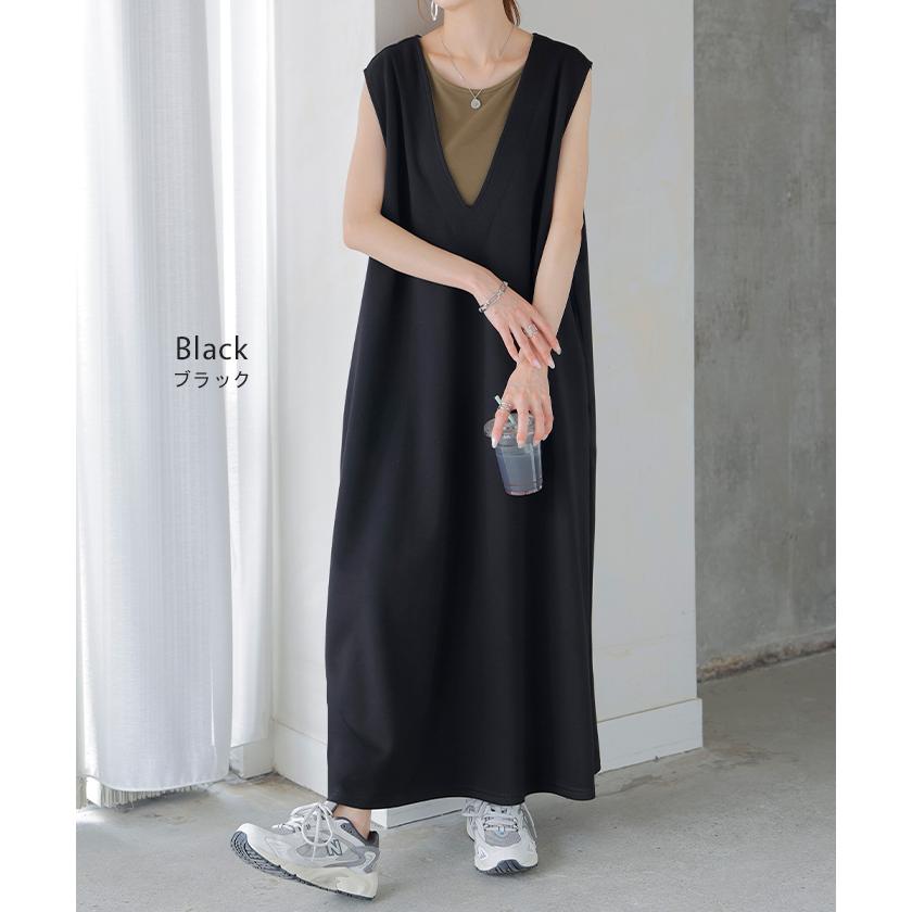 ワンピース 超伸び 深V サロペット ポンチ ワンピ レディース ロング ロングワンピース 半袖 マキシ Vネック ノースリーブ レイヤード ジャンパースカート | HUG.U | 16