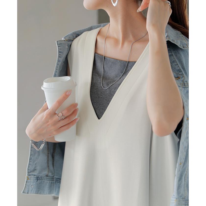 ワンピース 超伸び 深V サロペット ポンチ ワンピ レディース ロング ロングワンピース 半袖 マキシ Vネック ノースリーブ レイヤード ジャンパースカート | HUG.U | 18