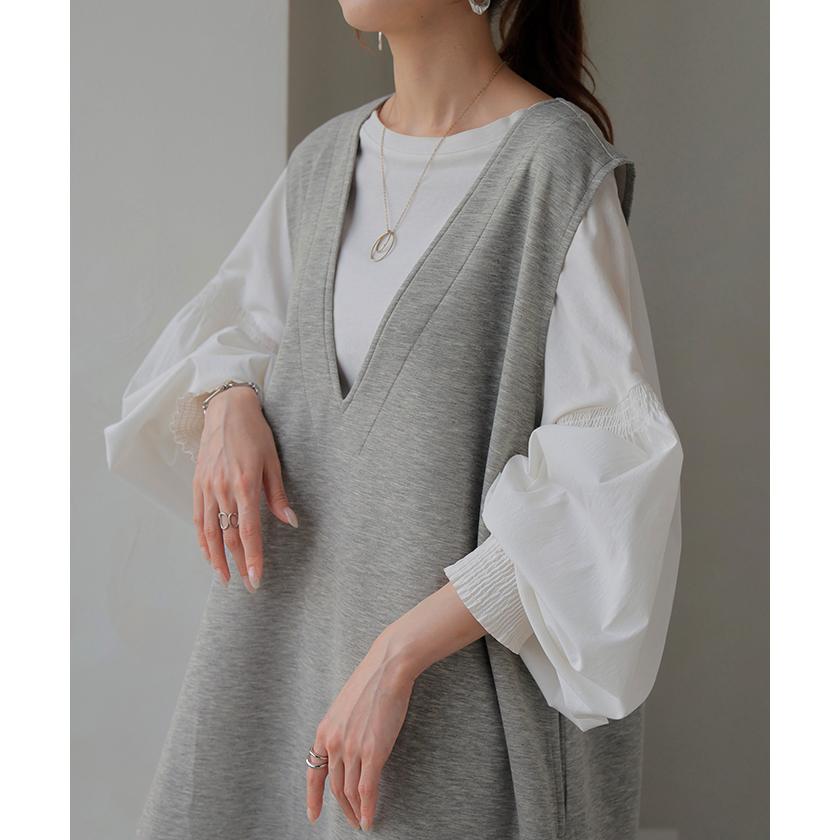 ワンピース 超伸び 深V サロペット ポンチ ワンピ レディース ロング ロングワンピース 半袖 マキシ Vネック ノースリーブ レイヤード ジャンパースカート | HUG.U | 20