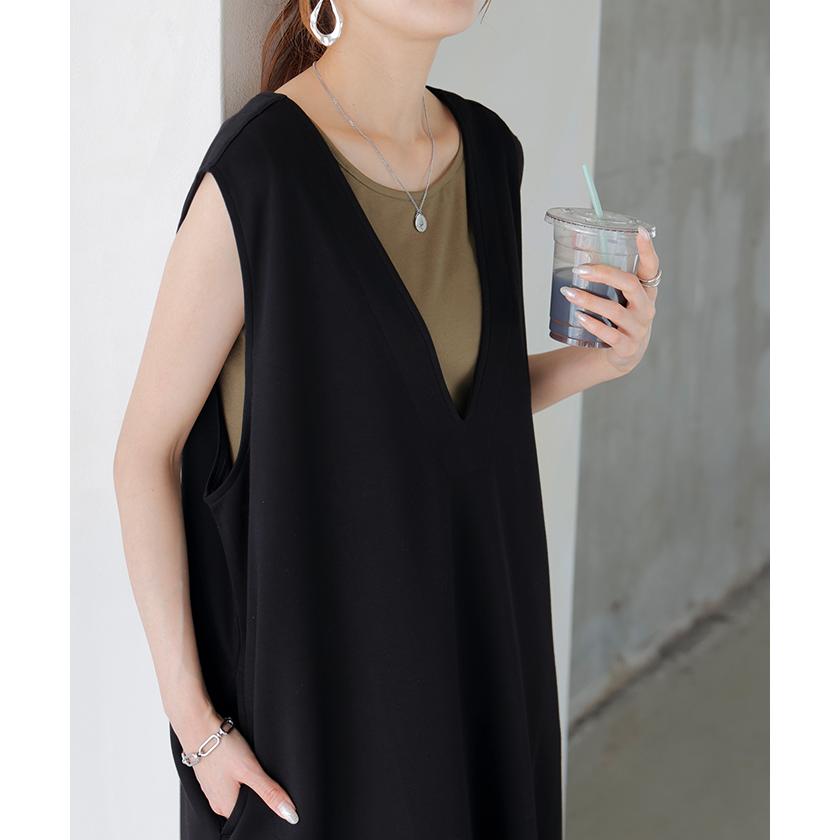 ワンピース 超伸び 深V サロペット ポンチ ワンピ レディース ロング ロングワンピース 半袖 マキシ Vネック ノースリーブ レイヤード ジャンパースカート | HUG.U | 06