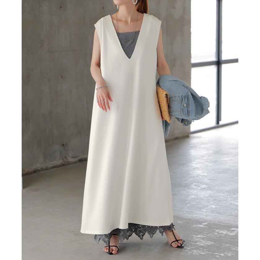 ワンピース 超伸び 深V サロペット ポンチ ワンピ レディース ロング ロングワンピース 半袖 マキシ Vネック ノースリーブ レイヤード ジャンパースカート | HUG.U | 07