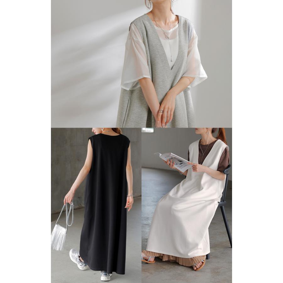 ワンピース 超伸び 深V サロペット ポンチ ワンピ レディース ロング ロングワンピース 半袖 マキシ Vネック ノースリーブ レイヤード ジャンパースカート | HUG.U | 10