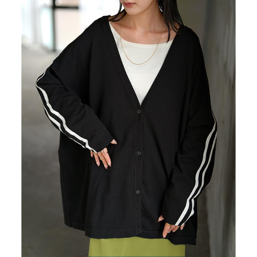 カーディガン ニット ライン ロング レディース カーデ トップス セーター オーバー プルオーバー ニットカーディガン 長袖 長い Vネック | HUG.U | 21