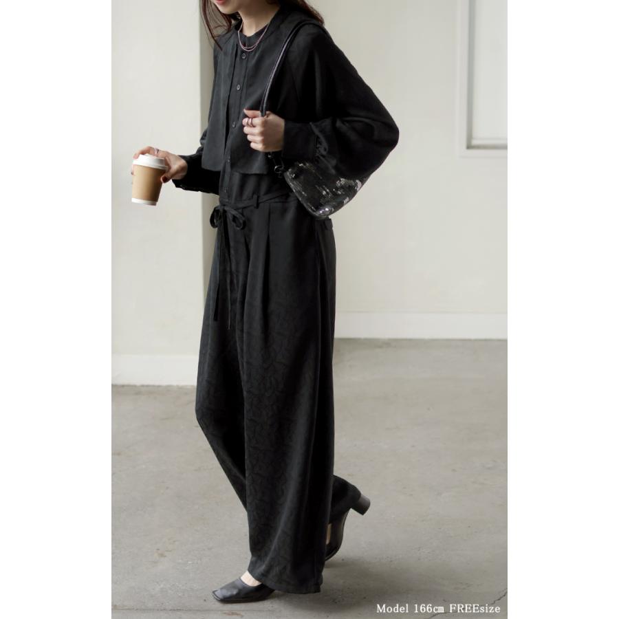 オールインワン ジャンプスーツ イージーケア レディース パンツ ロング ロングパンツ ジャガード シワになりにくい トレンチ クルーネック | HUG.U | 17