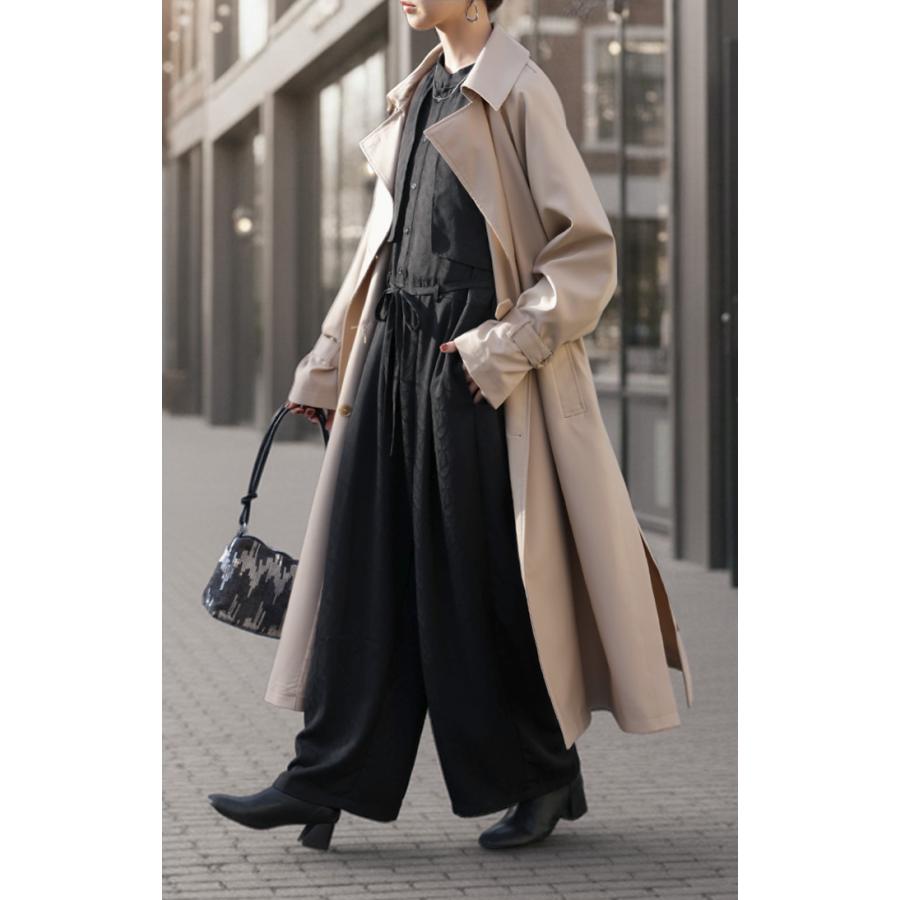 オールインワン ジャンプスーツ イージーケア レディース パンツ ロング ロングパンツ ジャガード シワになりにくい トレンチ クルーネック | HUG.U | 06