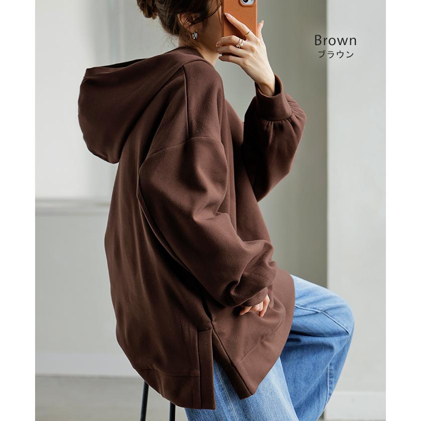 スウェット 特暖 裏シャギー パーカー レディース トップス ロング トレーナー フード フーディー プルオーバー 無地 長袖 ボリュームスリーブ リブ | HUG.U | 14