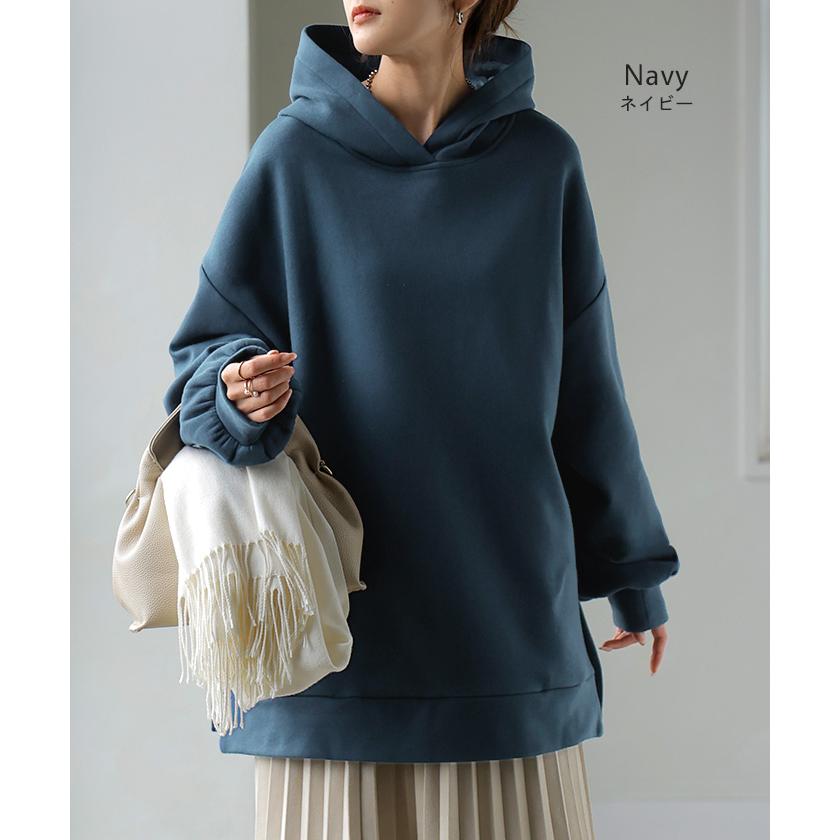 スウェット 特暖 裏シャギー パーカー レディース トップス ロング トレーナー フード フーディー プルオーバー 無地 長袖 ボリュームスリーブ リブ | HUG.U | 15