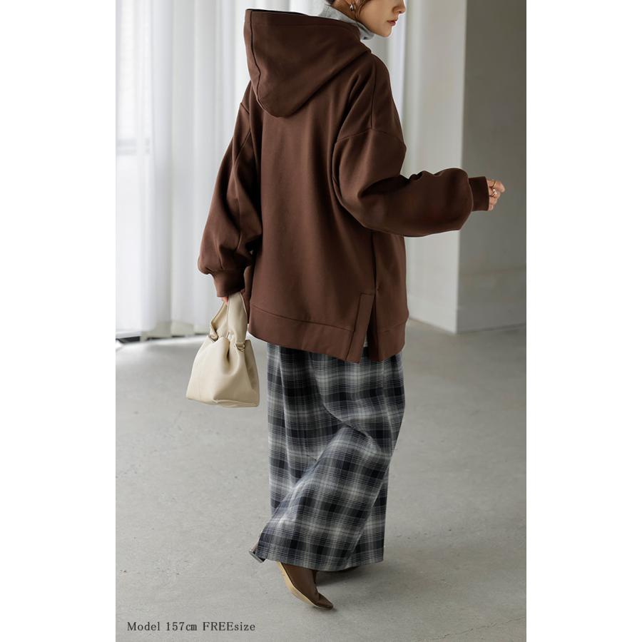 スウェット 特暖 裏シャギー パーカー レディース トップス ロング トレーナー フード フーディー プルオーバー 無地 長袖 ボリュームスリーブ リブ | HUG.U | 18