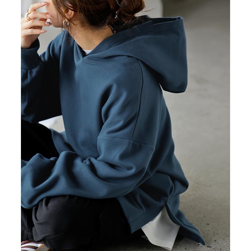 スウェット 特暖 裏シャギー パーカー レディース トップス ロング トレーナー フード フーディー プルオーバー 無地 長袖 ボリュームスリーブ リブ | HUG.U | 09