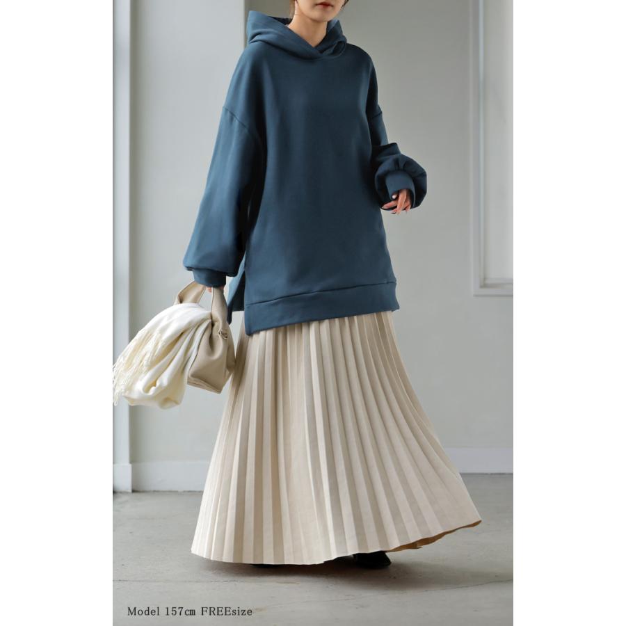 スウェット 特暖 裏シャギー パーカー レディース トップス ロング トレーナー フード フーディー プルオーバー 無地 長袖 ボリュームスリーブ リブ | HUG.U | 11