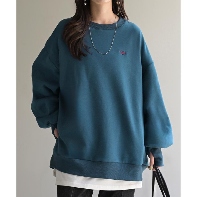 スウェット 特暖 裏シャギー 刺繍 レディース トップス ロング トレーナー 裏起毛 プルオーバー 無地 長袖 クルーネック ボリュームスリーブ | HUG.U | 07