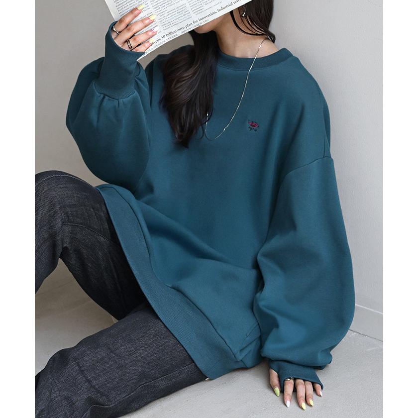 スウェット 特暖 裏シャギー 刺繍 レディース トップス ロング トレーナー 裏起毛 プルオーバー 無地 長袖 クルーネック ボリュームスリーブ | HUG.U | 10