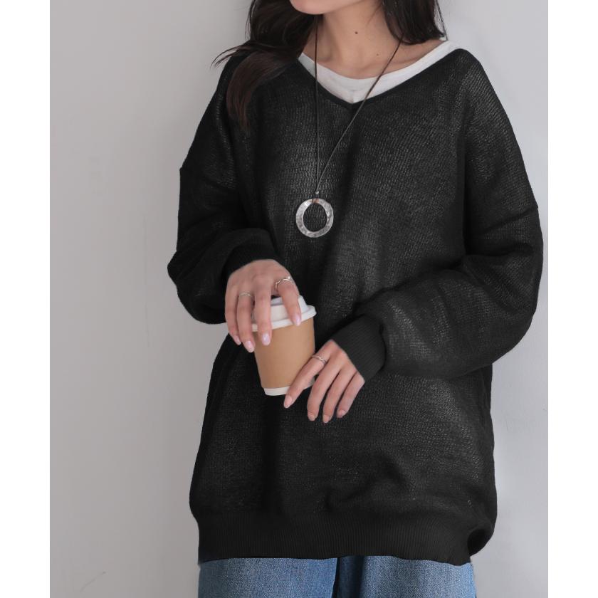 ニット シャリ感 透かし編み レディース トップス セーター オーバー メッシュ プルオーバー Vネック | HUG.U | 09
