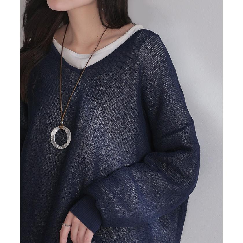 ニット シャリ感 透かし編み レディース トップス セーター オーバー メッシュ プルオーバー Vネック | HUG.U | 12