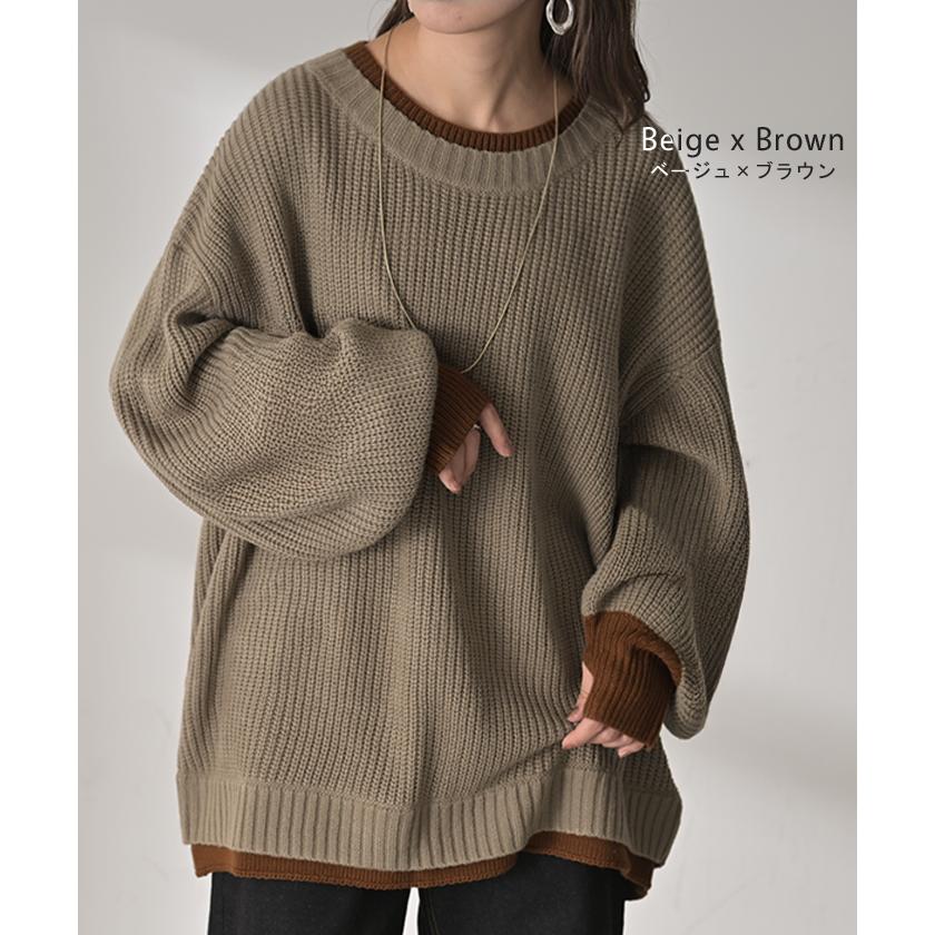 ニット バイカラー リブ編み レディース トップス セーター プルオーバー 長袖 配色 ボリュームスリーブ クルーネック サムホール リブ | HUG.U | 14