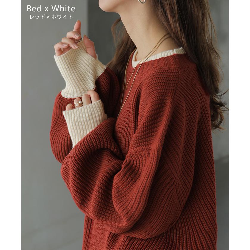 ニット バイカラー リブ編み レディース トップス セーター プルオーバー 長袖 配色 ボリュームスリーブ クルーネック サムホール リブ | HUG.U | 15