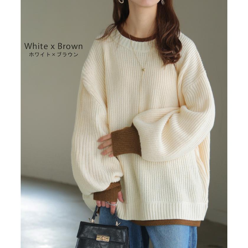 ニット バイカラー リブ編み レディース トップス セーター プルオーバー 長袖 配色 ボリュームスリーブ クルーネック サムホール リブ | HUG.U | 16