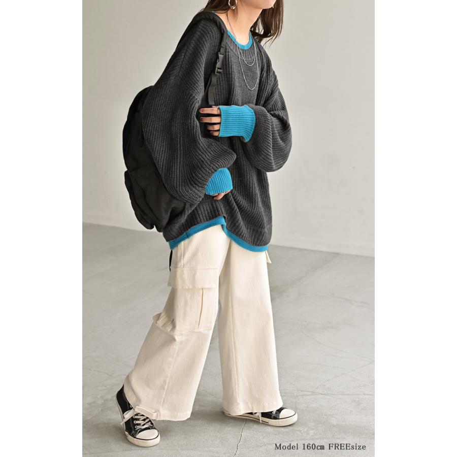 ニット バイカラー リブ編み レディース トップス セーター プルオーバー 長袖 配色 ボリュームスリーブ クルーネック サムホール リブ | HUG.U | 24