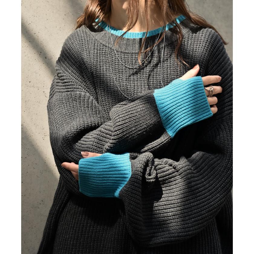 ニット バイカラー リブ編み レディース トップス セーター プルオーバー 長袖 配色 ボリュームスリーブ クルーネック サムホール リブ | HUG.U | 07