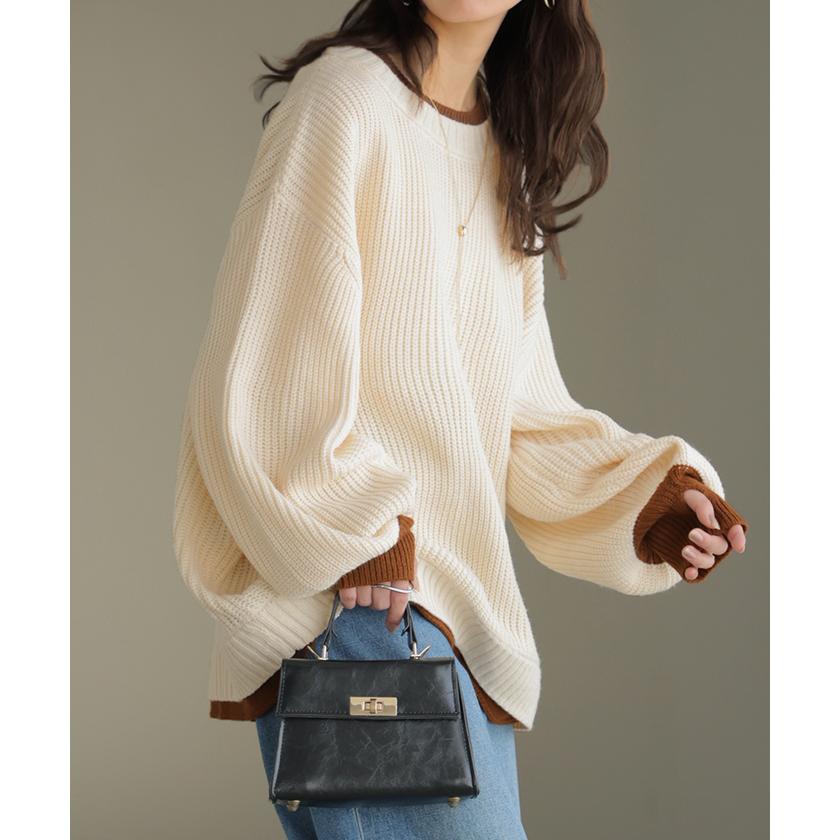 ニット バイカラー リブ編み レディース トップス セーター プルオーバー 長袖 配色 ボリュームスリーブ クルーネック サムホール リブ | HUG.U | 08