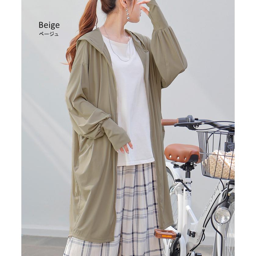 パーカー UVカット アウター レディース ロング 接触冷感 シワになりにくい ライトアウター トップス フード フーディー オーバーサイズ チュニック 羽織 | HUG.U | 16