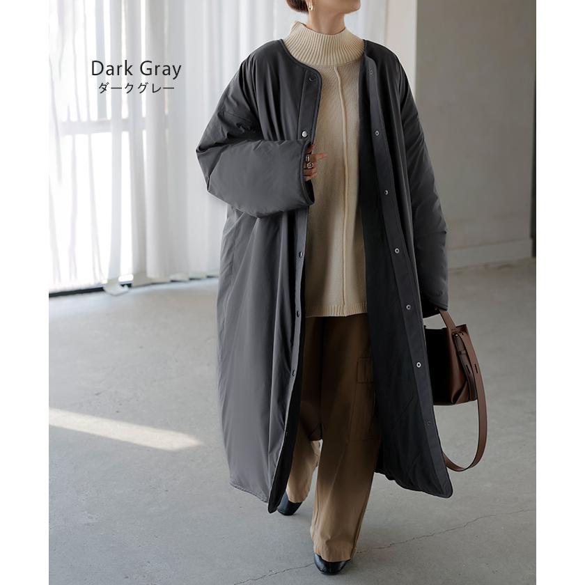 アウター コート ロング 中綿 撥水 マフラー レディース ロングコート ジャケット フリース あったか 吸湿 発熱 オーバー YKK ノーカラー ドロップショルダー | HUG.U | 13